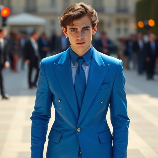 Timoth√©e Chalamet dans un costume Louis Vuitton bleu √©lectrique avec des d√©tails argent√©s